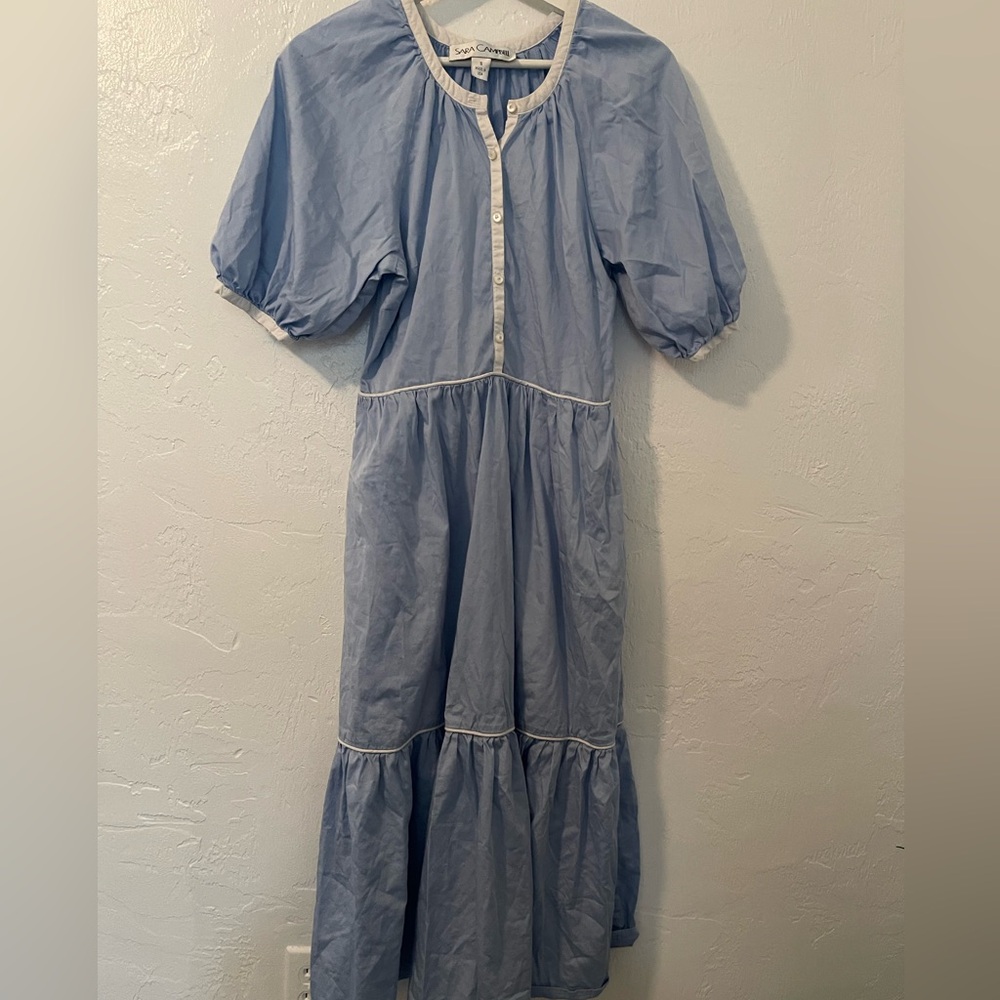 Sara Campbell Light Blue Midi Dress with White Trim Size S